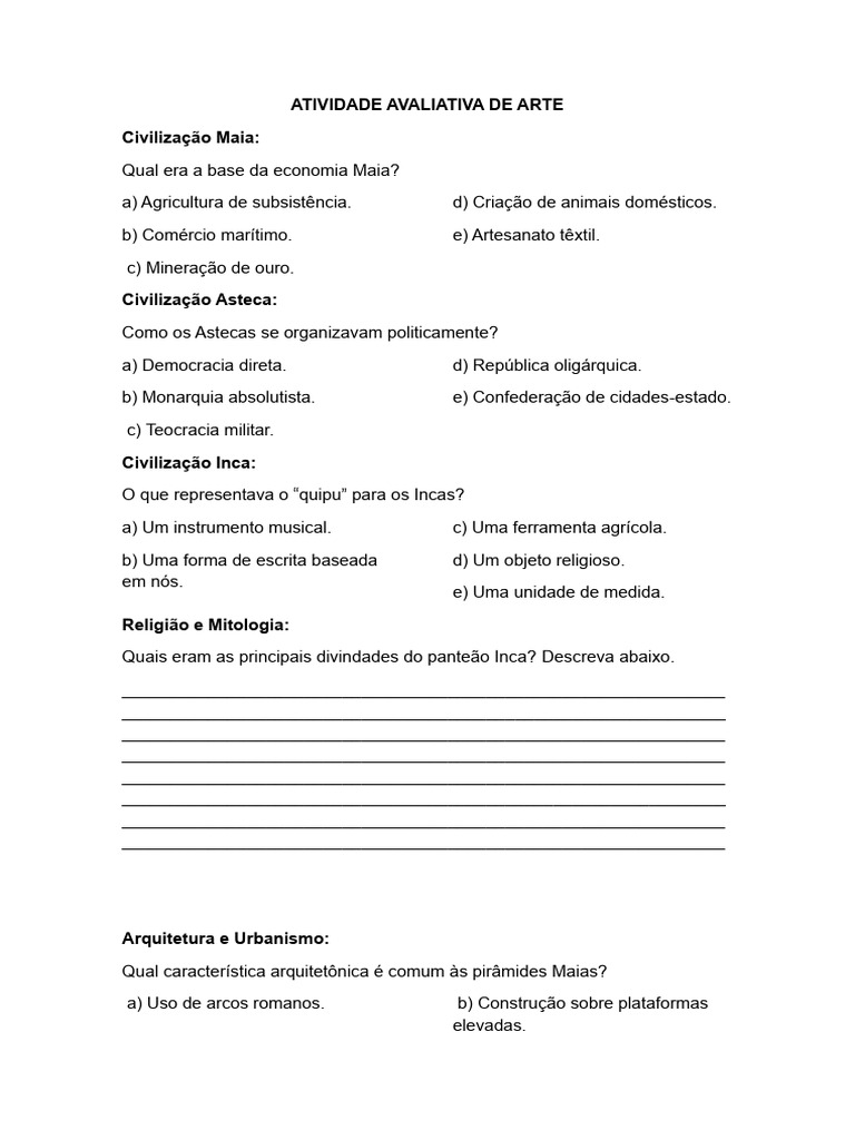 Atividade Avaliativa de Arte | Download grátis PDF | Civilização Maia ...