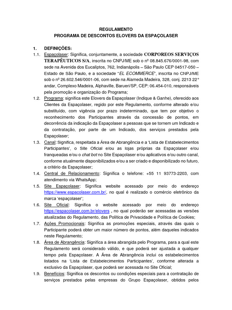 Regulamento Programa Elovers Espaçolaser | PDF | Política de privacidade