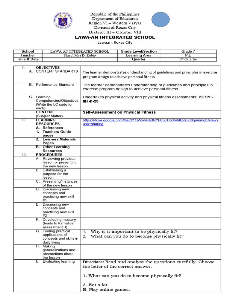 School Grade Level/Section Teacher Learning Area Time & Date Quarter I ...