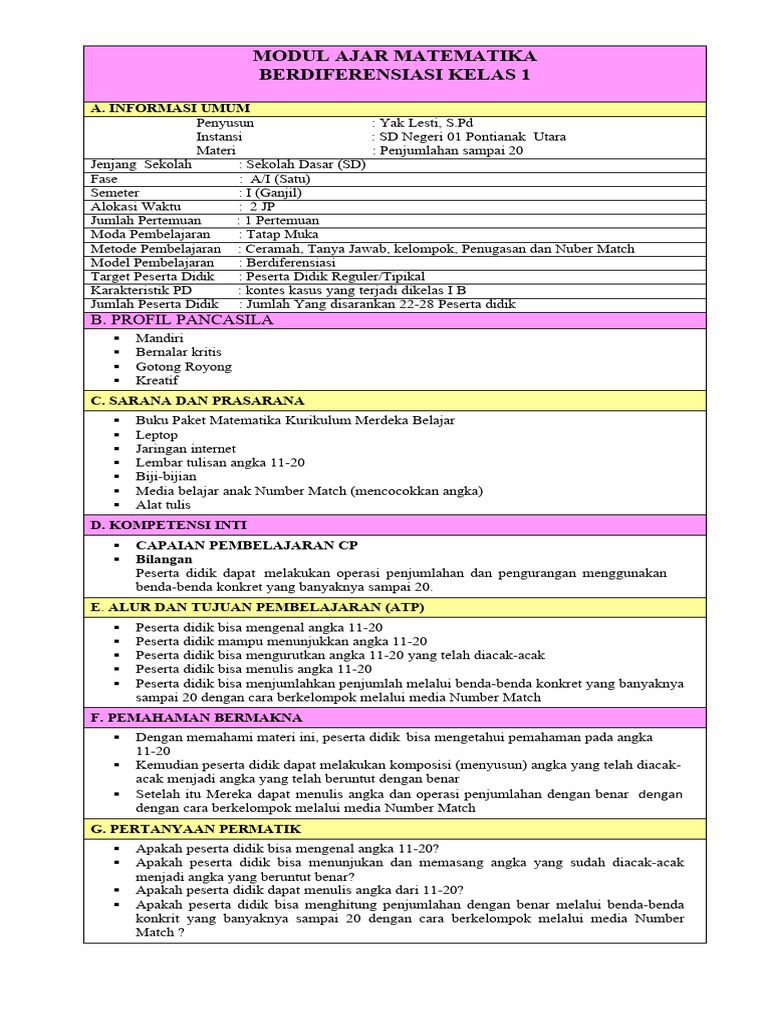 Modul Ajar Matematika Kelas 1 SD | PDF