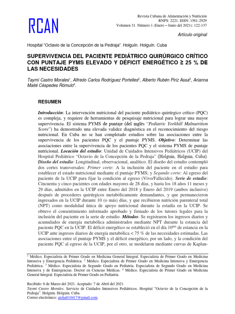 Supervivencia en Pacientes PQC y PYMS | PDF | Índice de masa corporal ...