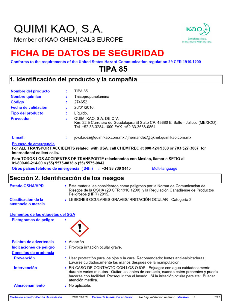 Ficha de Seguridad TIPA 85 - Triisopropanolamina | PDF | Contaminación ...