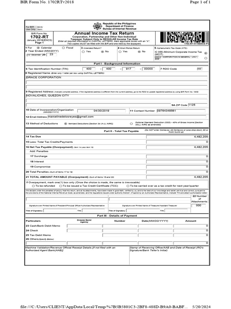 2018 BIR Form 1702-RT for Corporations | PDF | Taxes | Tax Deduction