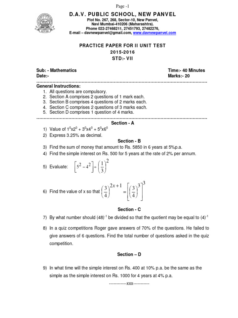Class 7 Maths Unit Test Practice Paper | PDF | Numbers | Arithmetic
