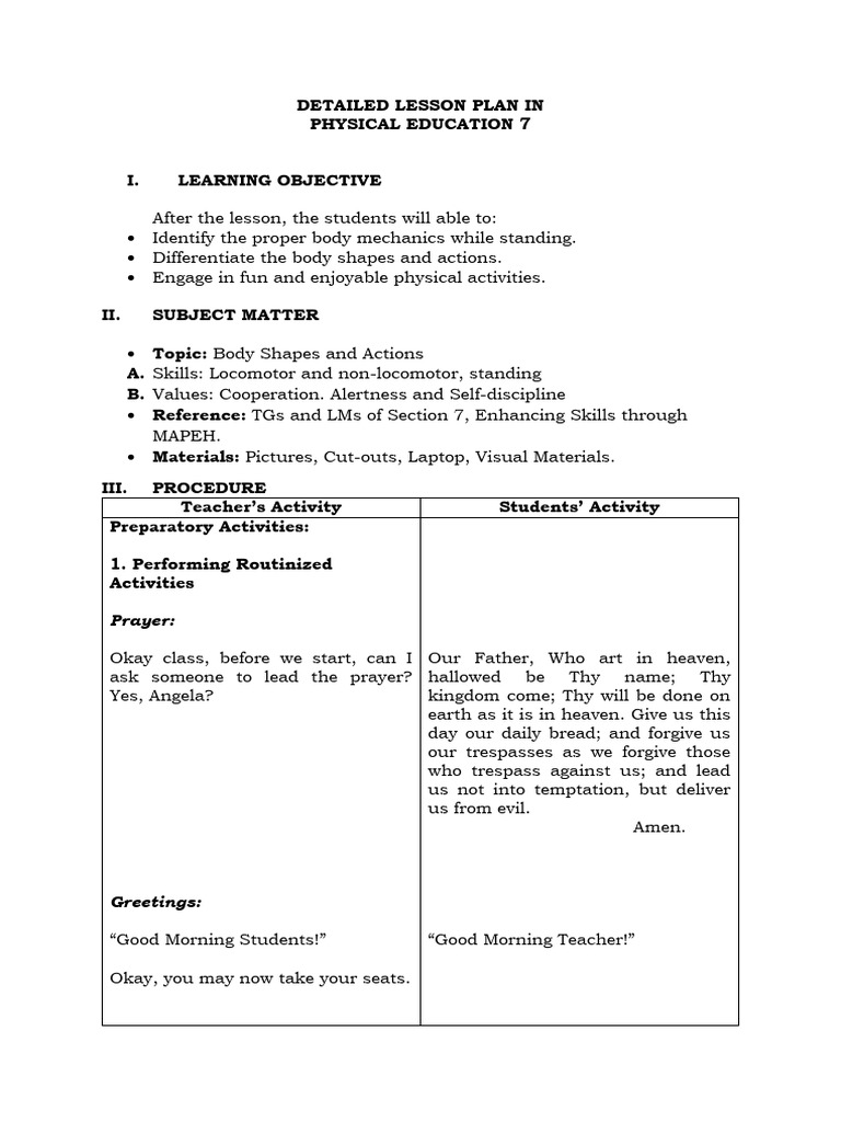Body Shapes and Actions Lesson Plan | PDF | Lord's Prayer | Lesson Plan