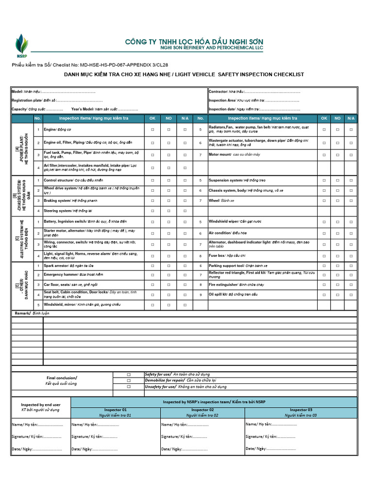 Inspection Checklist - Vehicle & Heavy Equipment | PDF