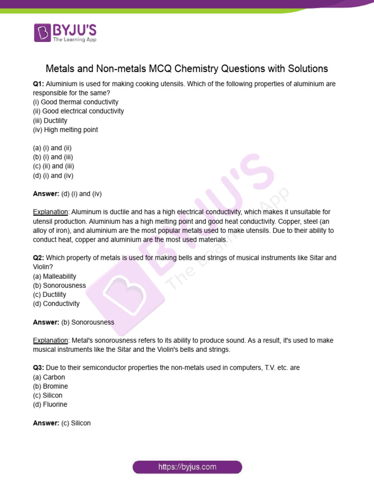 Metals and Nonmetals MCQ Questions PDF Alloy Metals