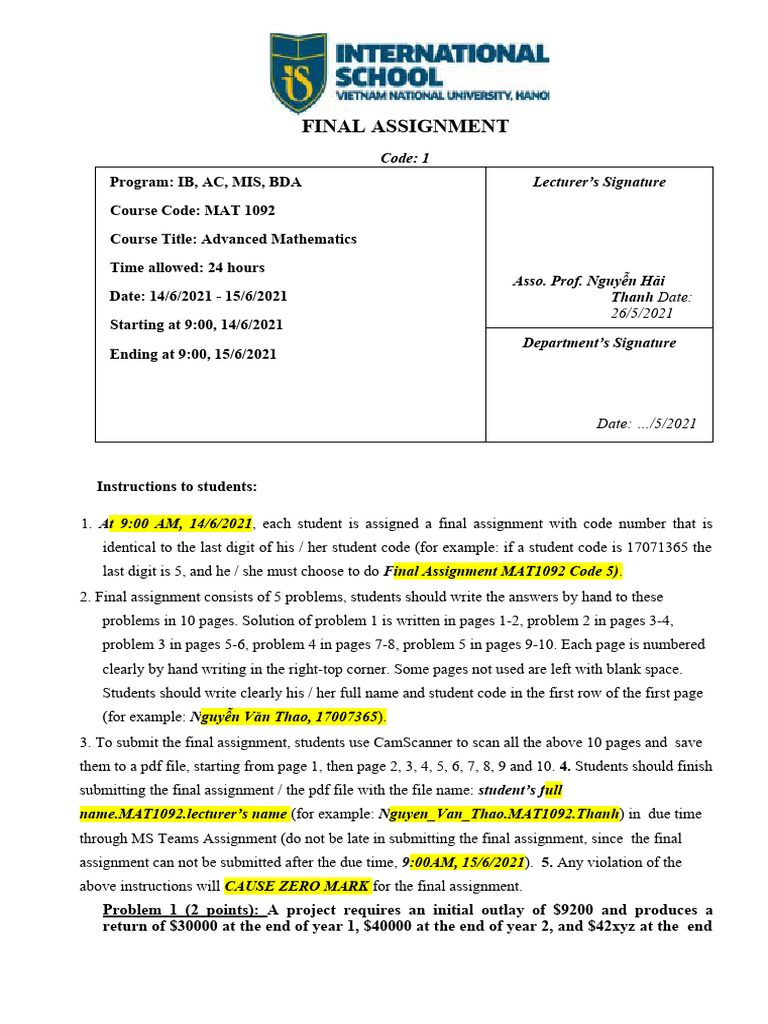 Final Assignment Instructions for MAT 1092 | PDF | Internal Rate Of ...
