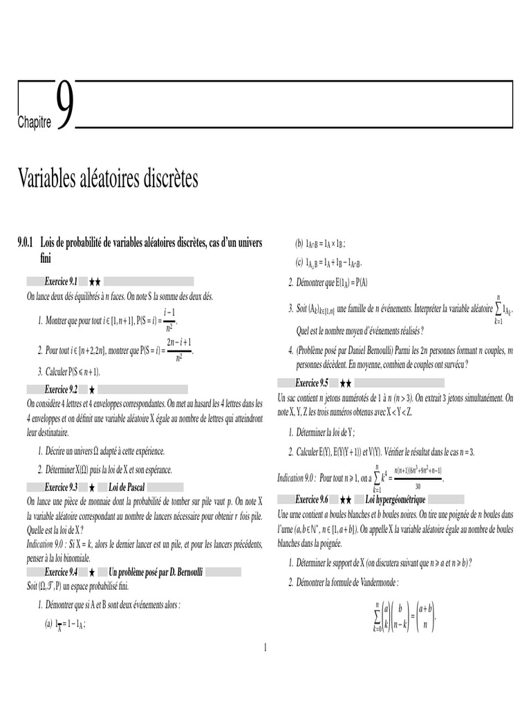 Variables aléatoires discrètes : exercices et lois de probabilité | PDF ...