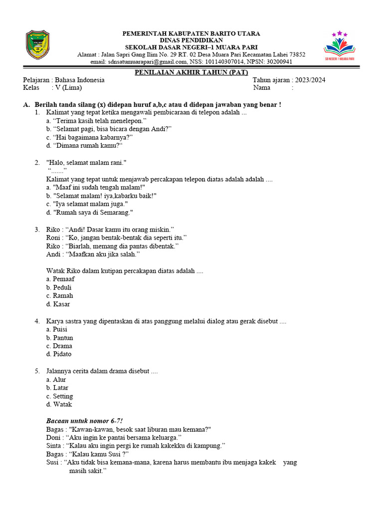 50 contoh soal PAT bahasa Indonesia kelas 5 SD semester 2 lengkap kunci jawaban
