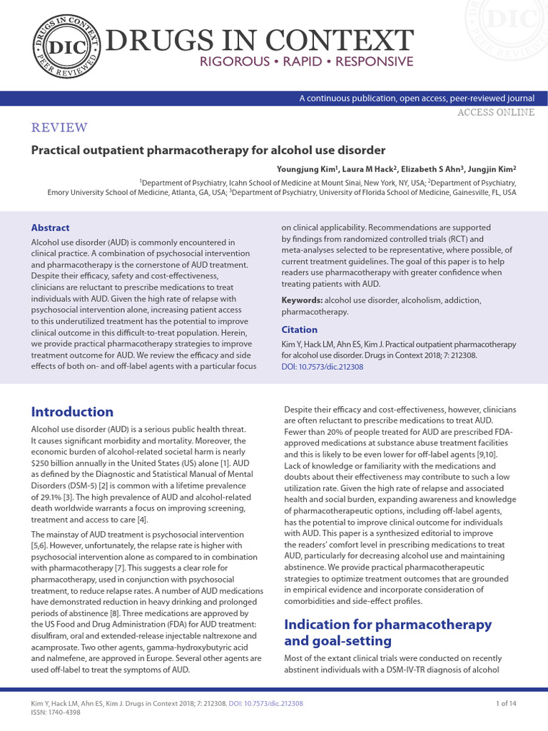 2018 Practical Outpatient Pharmacotherapy For Alcohol Use Disorder ...