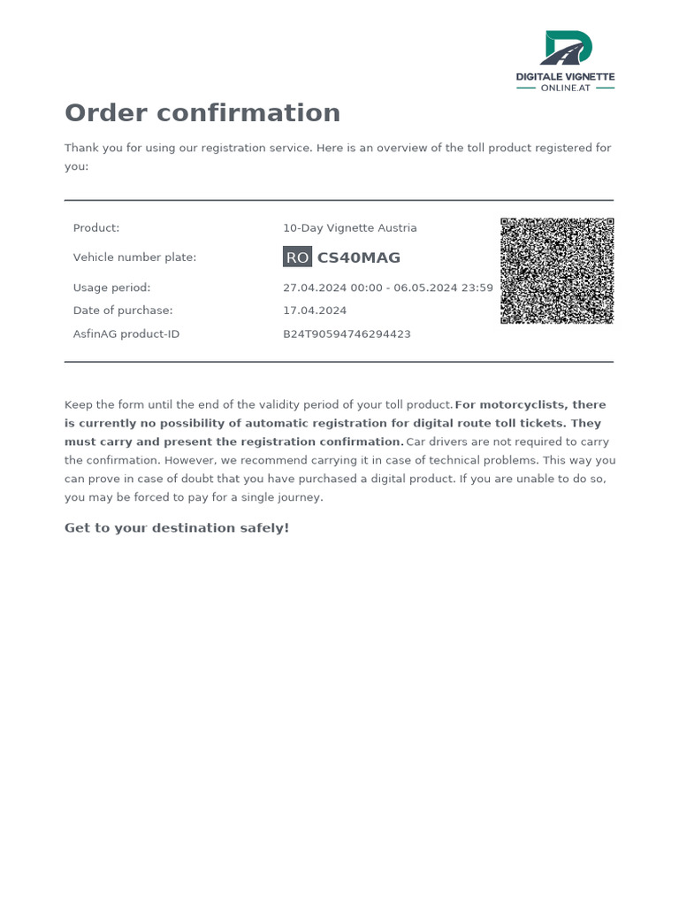 10-Day Vignette Austria Order Confirmation | PDF