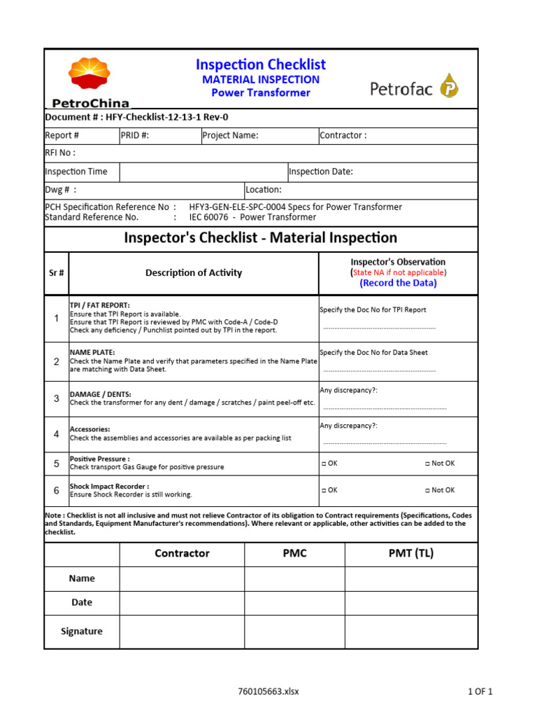 HFY Checklist 12-13-1 Rev 0 Material Inspection | PDF