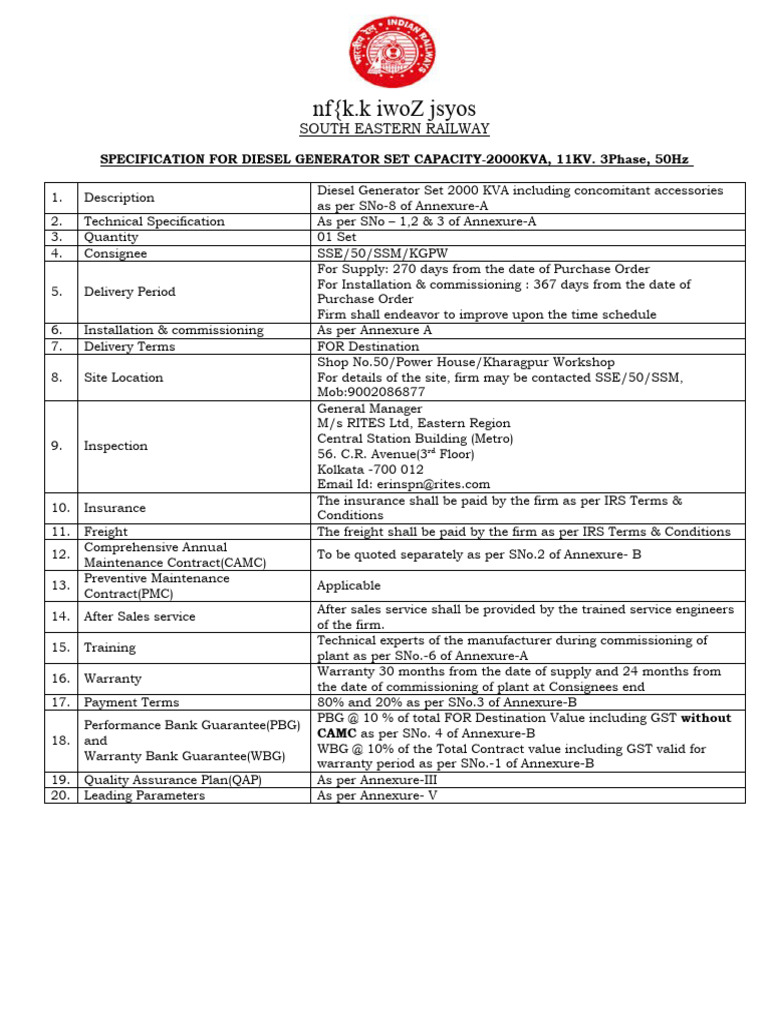 2000 KVA Diesel Generator Specifications | PDF | Battery Charger ...