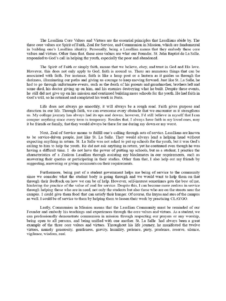(LCLSONE) Lasallian Core Value Reflection PDF