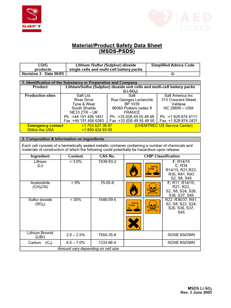 MSDS for Lithium-Sulfur Dioxide Batteries | PDF | Chemistry | Materials