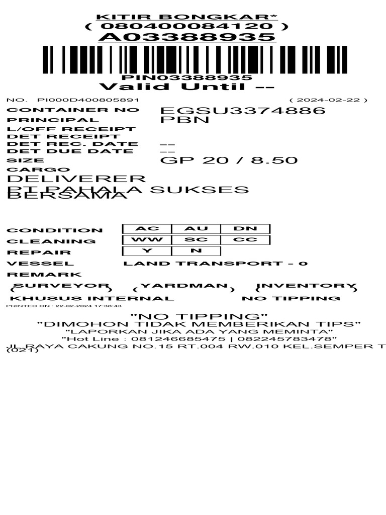 Container Delivery Receipt Summary | PDF
