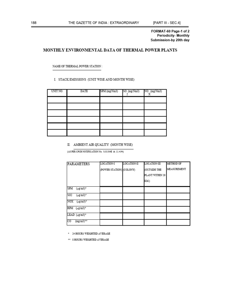 Format 60 - Monthly Environmental Data of Thermal Power Plants | PDF ...