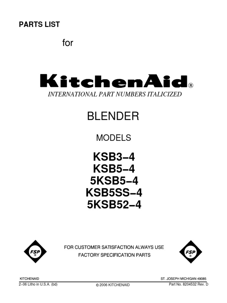 KitchenAid Blender PartsList 5KSB5 4 | PDF