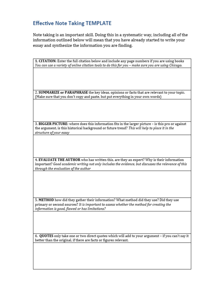 Effective Note Taking Guide Template | PDF