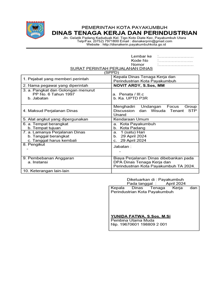 Format SPPD Dinas Payakumbuh | PDF