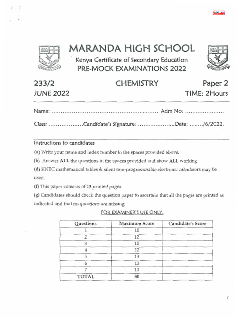 Maranda Chemistry Paper 2 Maranda Form 4 End Term 1 Teacher - Co - Ke | PDF