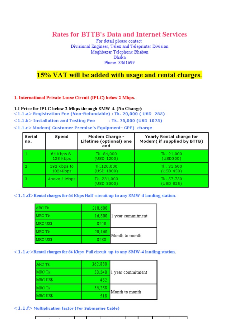 15 VAT Will Be Added With Usage and Rental Charges. Rates For BTTB's