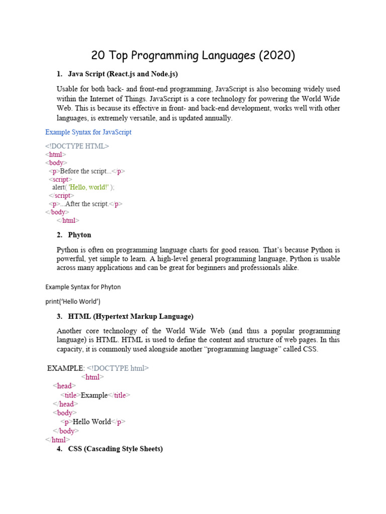 20 Top Programming Languages | PDF | Html | World Wide Web