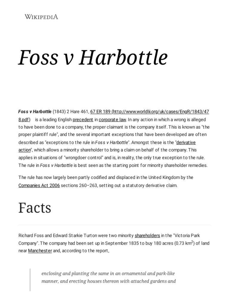 Foss v Harbottle: Corporate Law Precedent | PDF | Private Law | Common Law