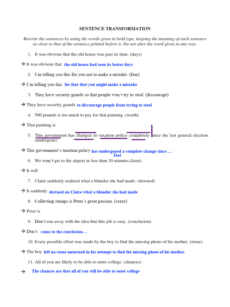 Sentence Transformation Guide | PDF | Language Arts & Discipline | Home ...