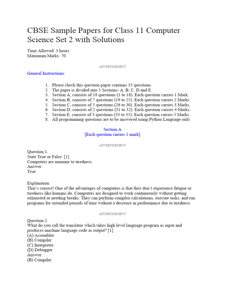 CBSE Sample Papers For Class 11 Computer Science Set 2 With Solutions ...