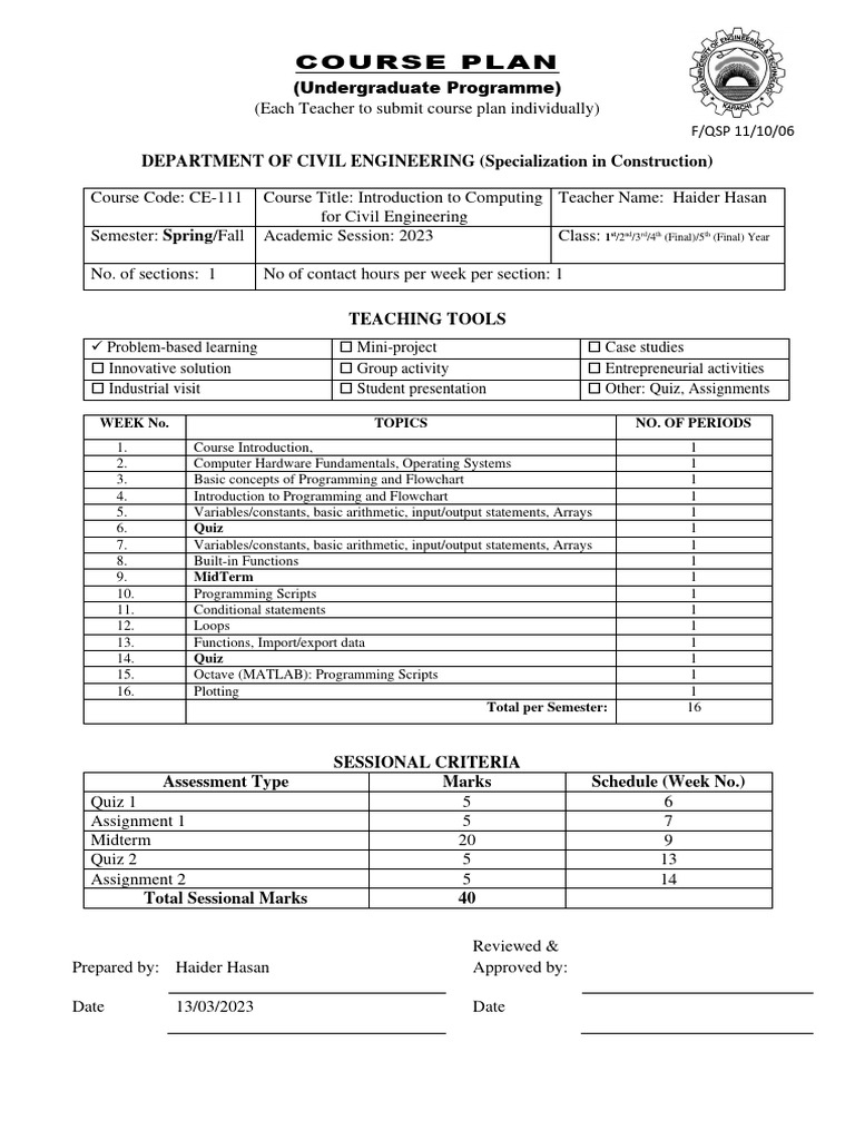 Civil Engineering Computing Course Plan | PDF | Computer Programming ...
