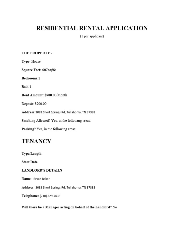 Rental Application Form | Download Free PDF | Landlord | Eviction