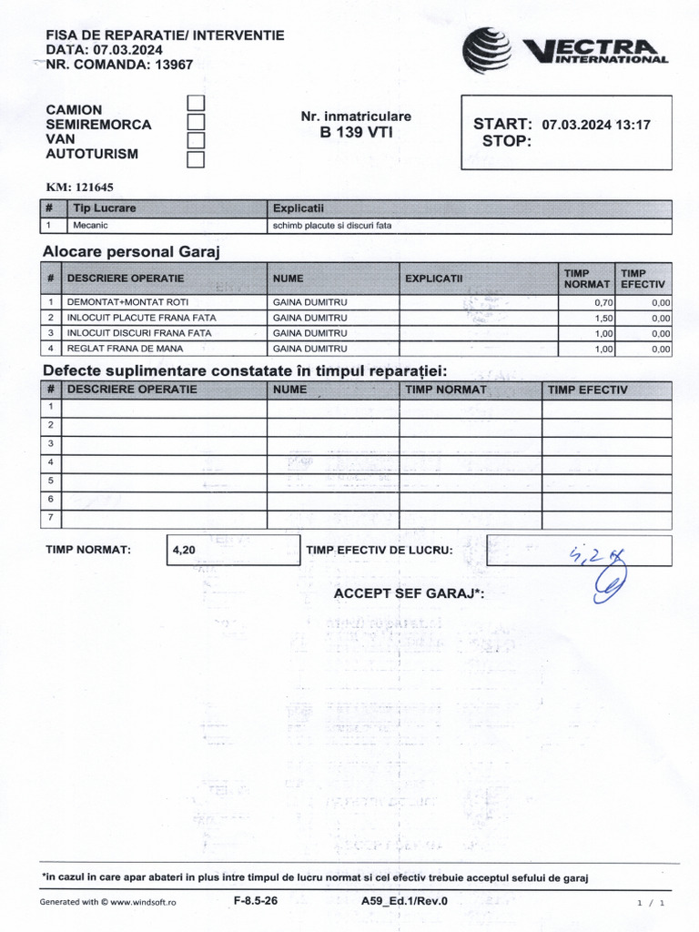 Fisa de Reparatie-Interventie B-139-VTI Din 07.03.2024 Pag. 1 | PDF