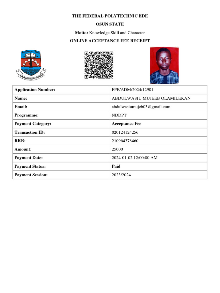Federal Polytechnic Ede Acceptance Fee | PDF