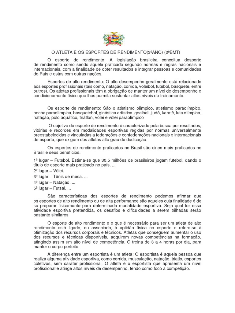 Esportes de Rendimento no Brasil: Atletas e Modalidades | PDF ...