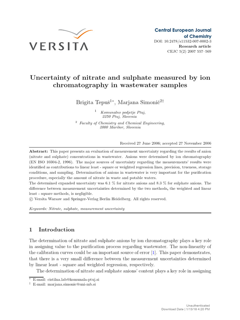 Uncertainty of nitrate and sulphate measured by ion chromatography in
