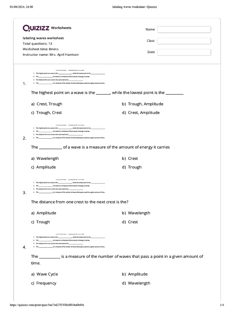 Labeling Waves Worksheet - Quizizz | PDF | Waves | Wavelength