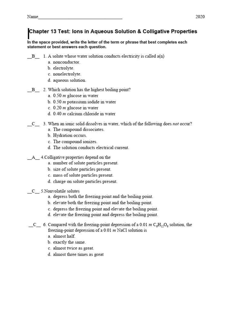 Ch 13 Test Pdf Solubility Chemical Compounds