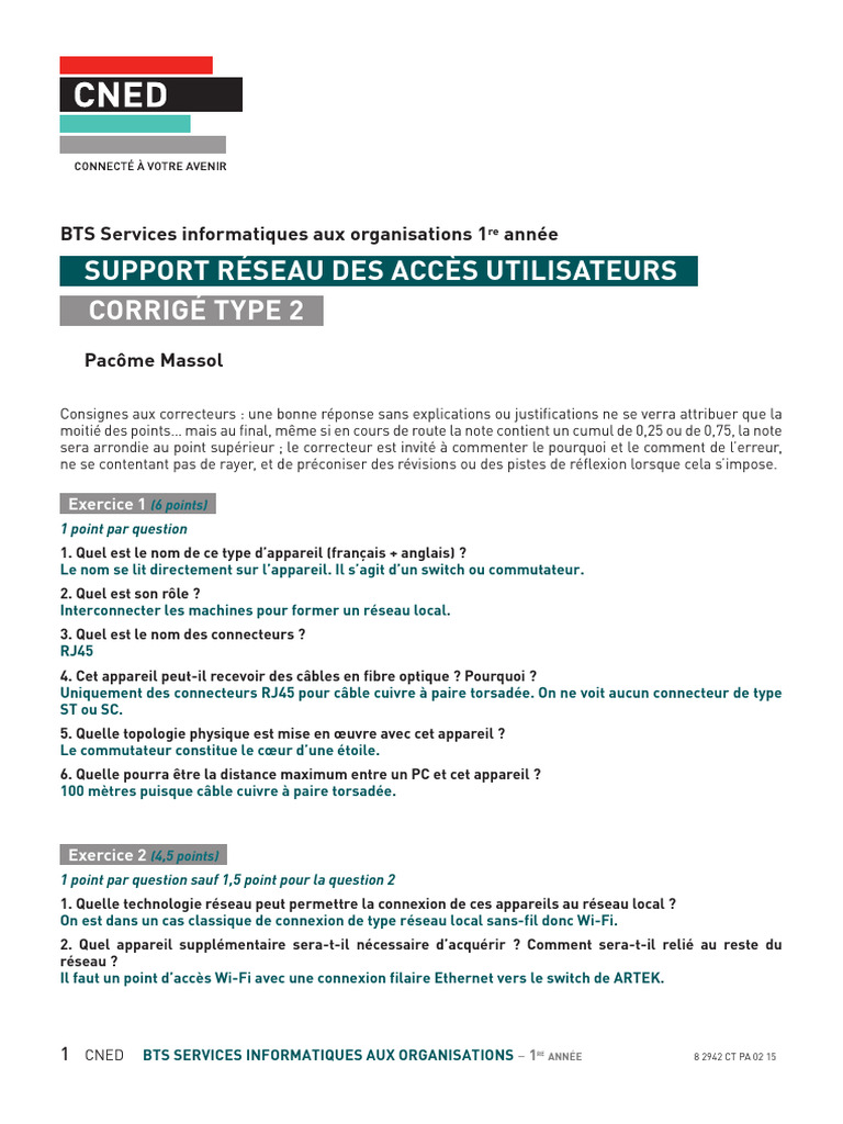 Corrigé Réseau BTS Services Informatiques PDF Adresse IP WiFi — free download