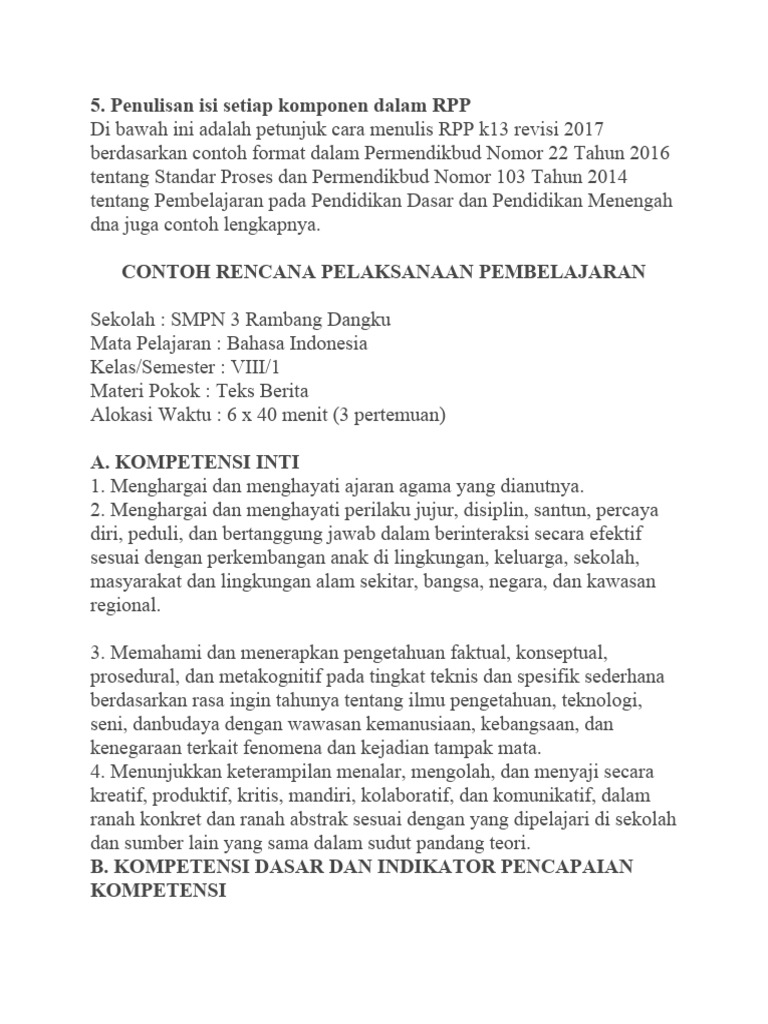 Panduan Menulis RPP K13 Bahasa Indonesia | PDF
