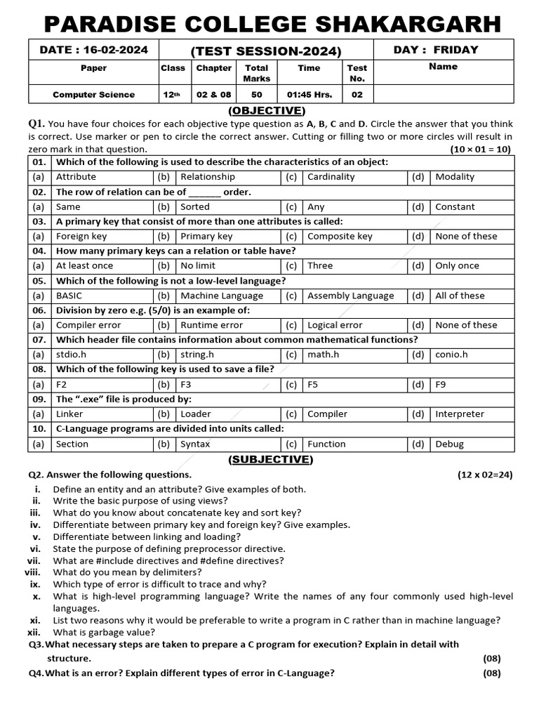 T-2 2024 Computer 12th CH 02 & 08 | PDF | C (Programming Language ...