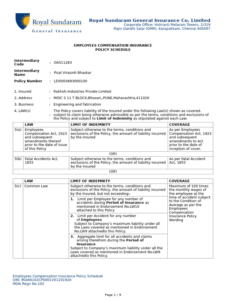 Employees Compensation Insurance Policy | PDF | Insurance | Employment