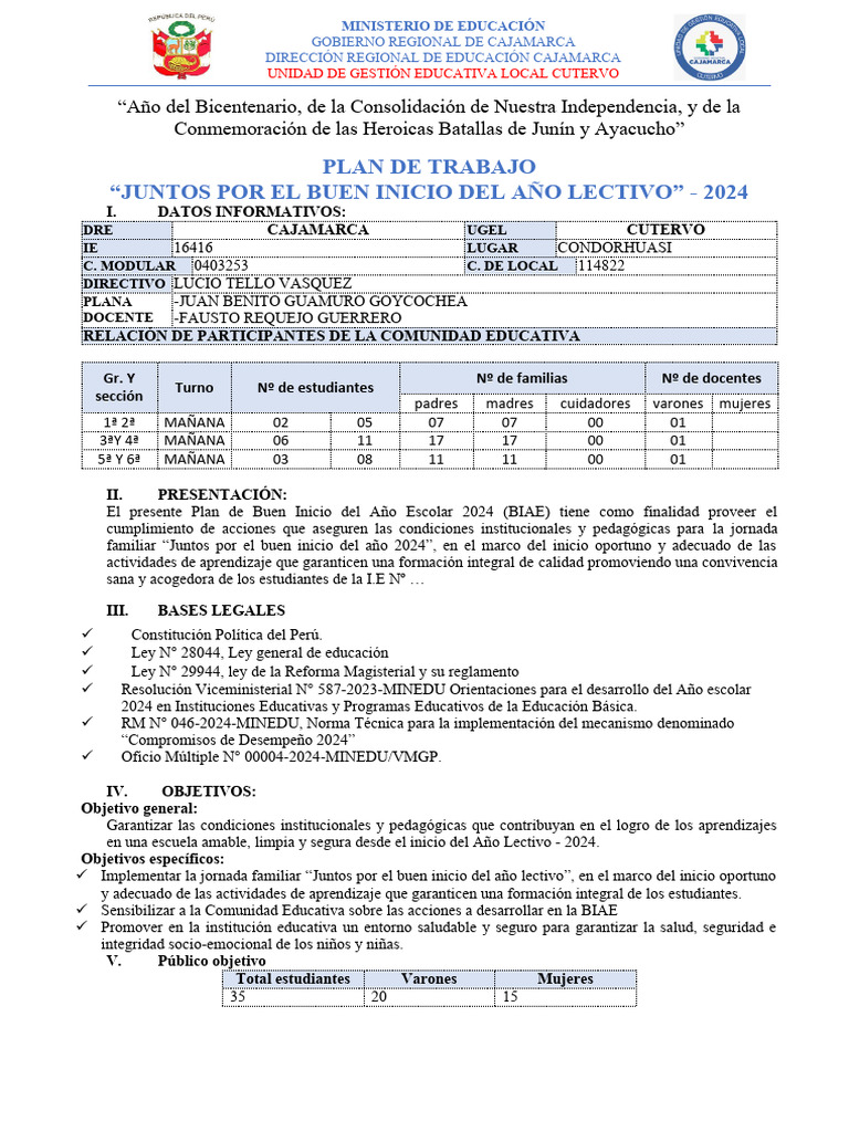 Plan de Trabajo Del Buen Inicio Del Año Escolar | PDF | Escuelas ...