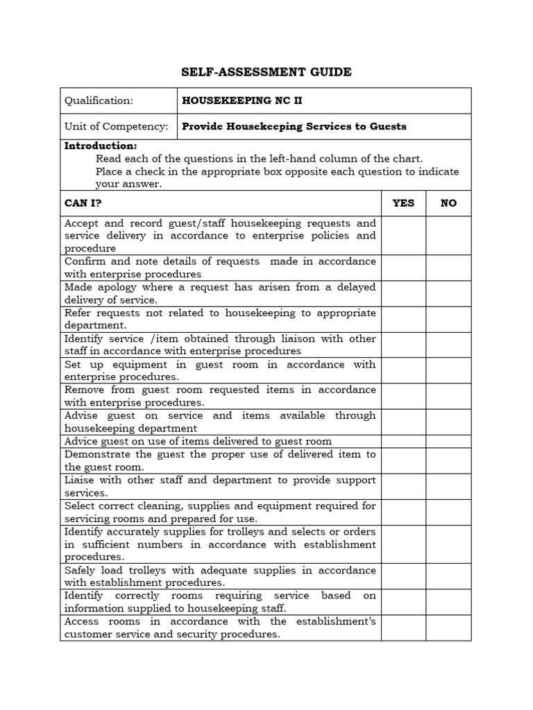 Maglasang Self Assessment Guide | PDF | Housekeeping