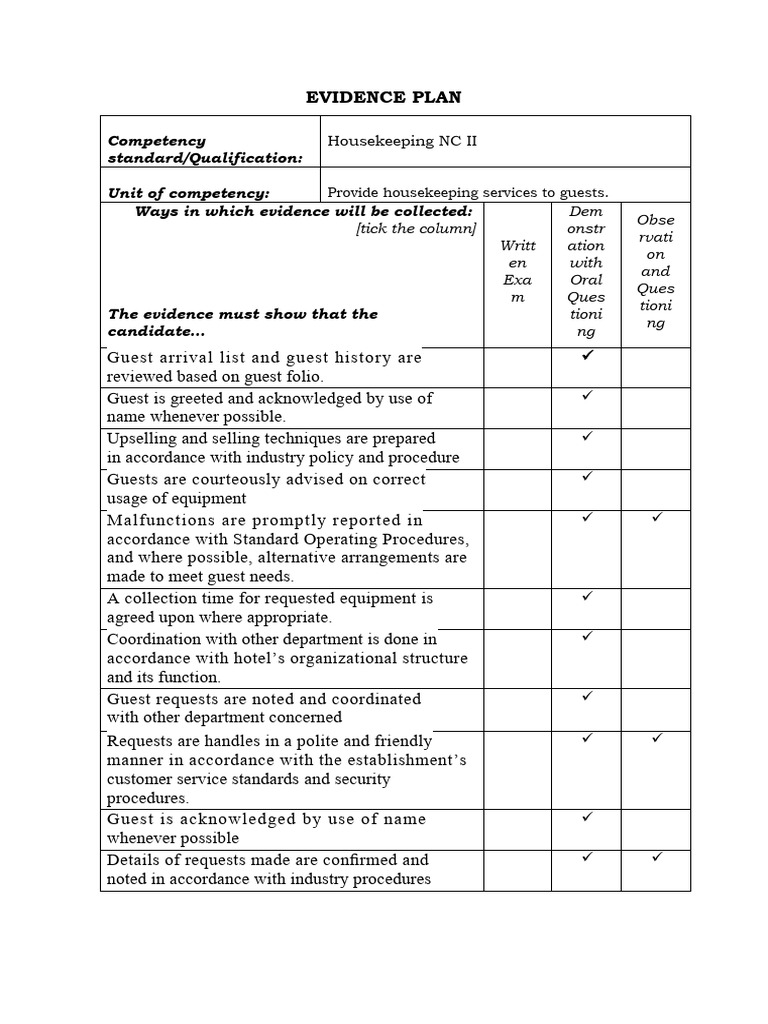 Housekeeping NC II Evidence Plan | PDF