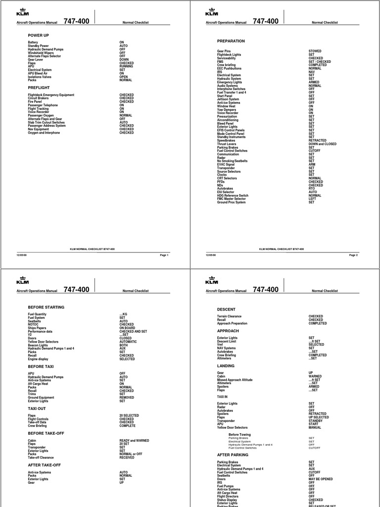 KLM B747-400 Normal Checklist | PDF