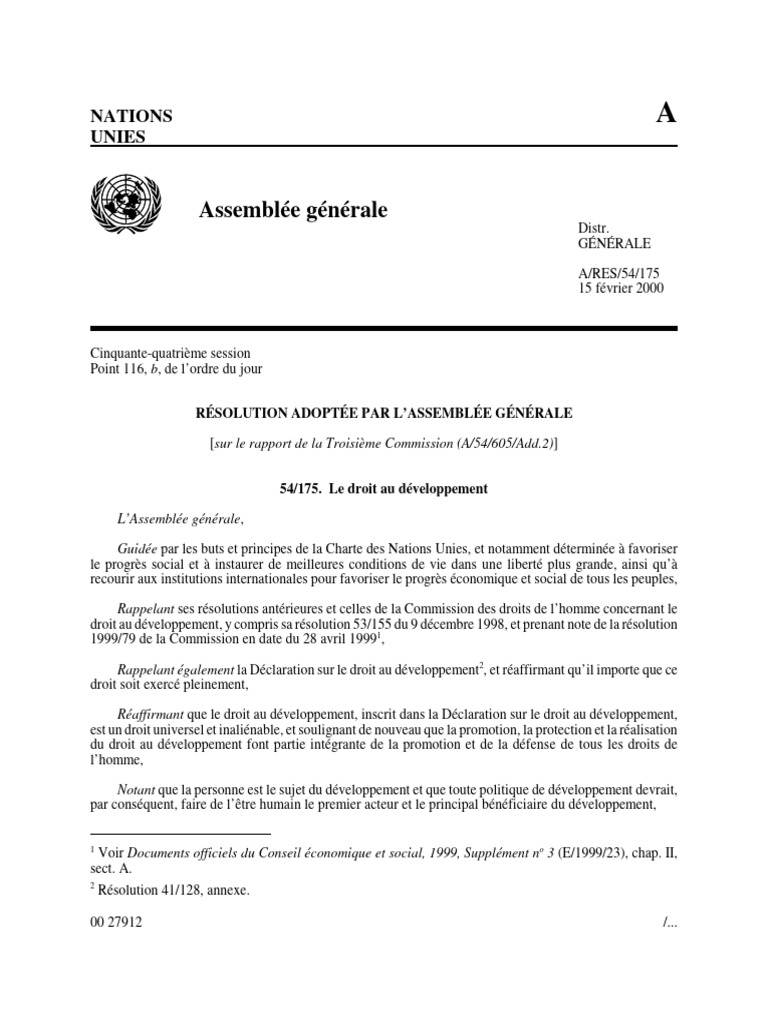 Droit au développement et résolutions ONU | PDF | Nations unies ...