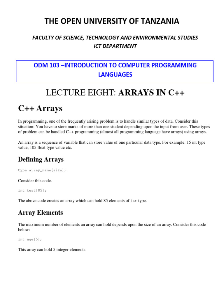 8-Lecture8 ODM103 C++Arrays | PDF | Data Type | C++