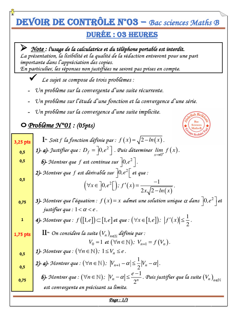 Devoir de Mathématiques 1 Bac B | PDF | Mathématiques | Analyse ...